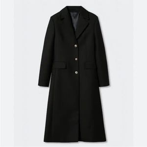 NWT. Mango Black Cotton Blend Long Coat with Decorative Buttons. Size S.